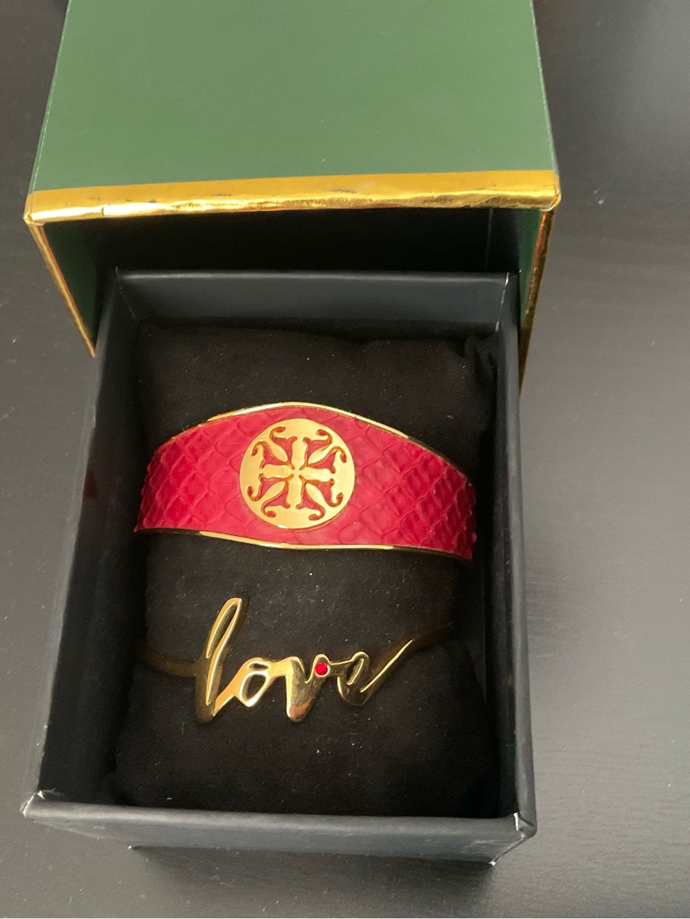 Rustic Cuff Red Python Textured Cuff & “Love”Red Rhinestone Cuff Gold Toned Set - Picture 4 of 7